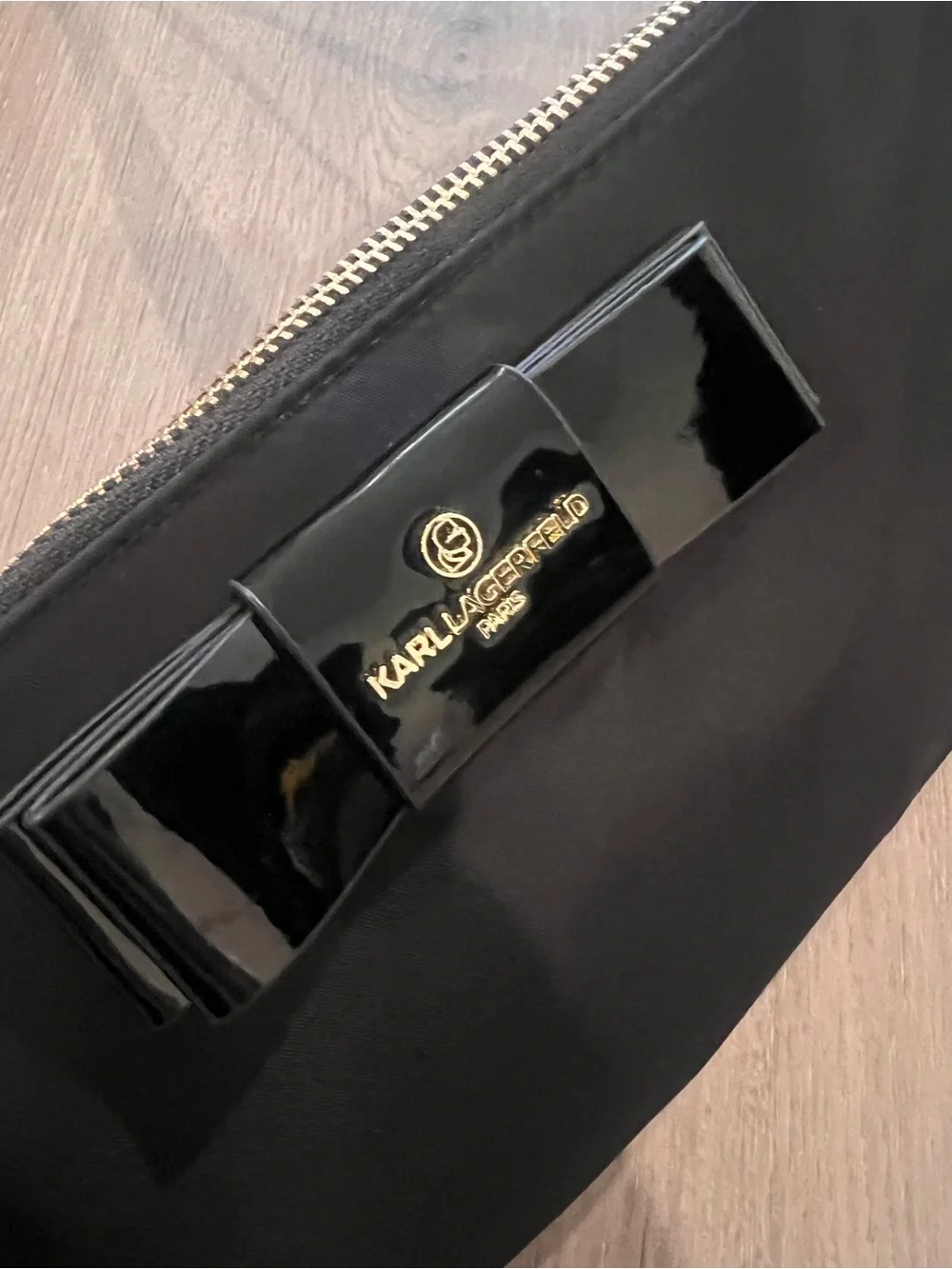 Karl Lagerfeld Black Nylon Crossbody with Patent Bow Accent